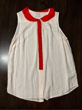 Anthropologie Cream Sleeveless Blouse with Red Collar and Placket